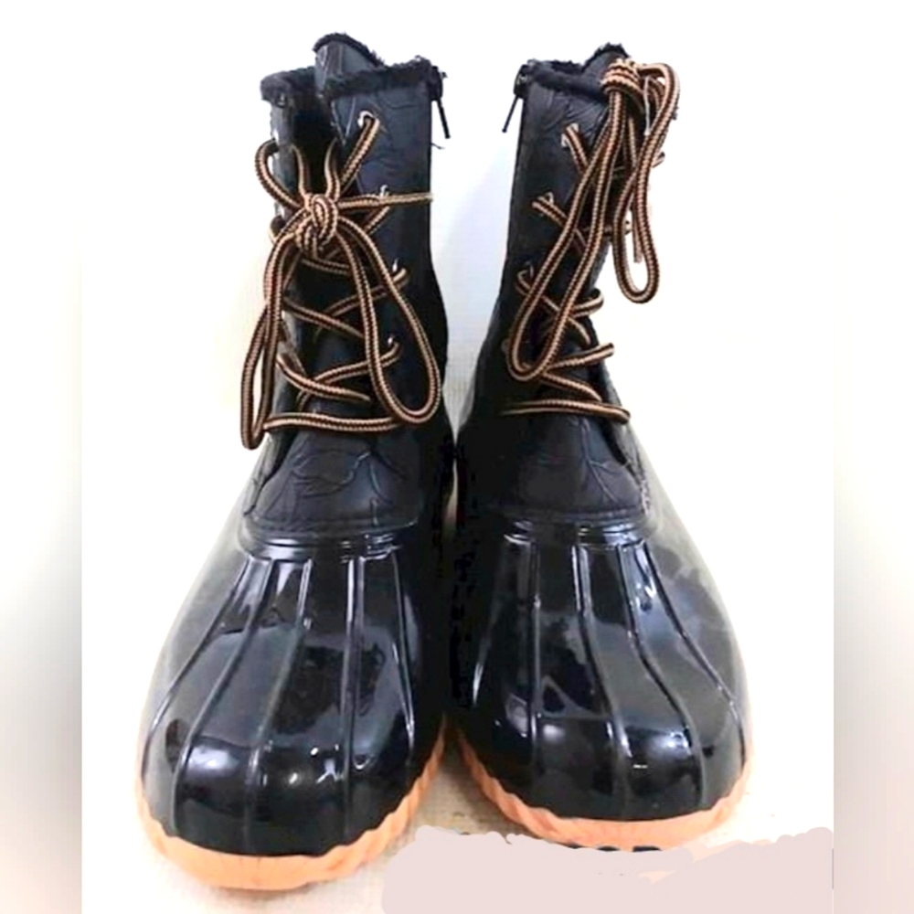 Sporto Black Leather Upper Women's Size 10W Floral Décor Duck Boots